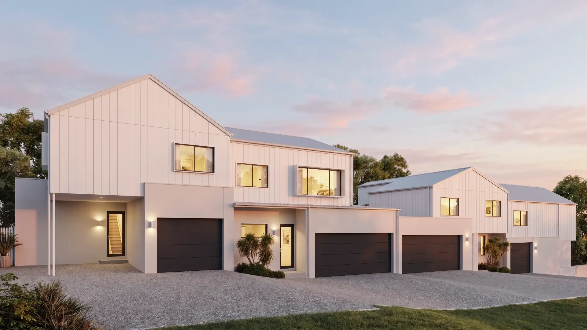 White two-story townhouses at dusk with warm lit windows — photorealistic architectural visualization by Aurum Render